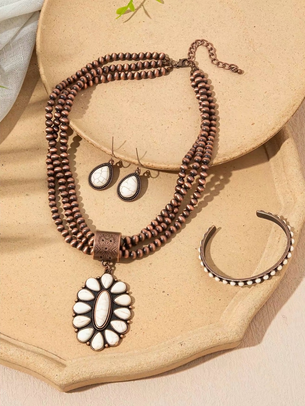 White and Copper Beaded Pendant Necklace Set - Women Jewelry